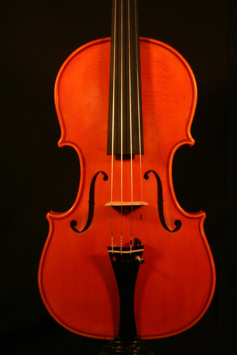 Handmade violin by Gregorio Martini, front view on a dark background
