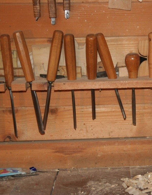 Luthier gouges on the workshop wall